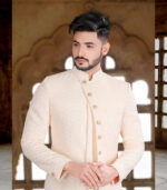 Baby Peach Silk Luckhnavi Work Traditional Wear Indo Western Sherwani