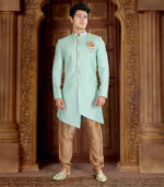 Seafoam Silk Luckhnavi Work Traditional Wear Indo Western Sherwani