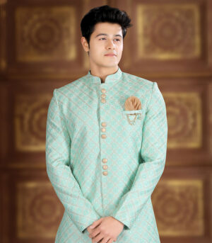 Seafoam Silk Luckhnavi Work Traditional Wear Indo Western Sherwani