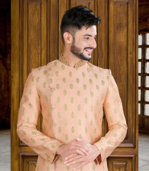 Peach Art Silk Art Work Traditional Wear Indo Western Sherwani