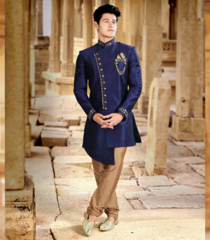 Navy Blue Art Silk Art Work Traditional Wear Indo Western Sherwani