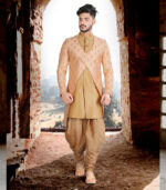 Peach With Gold Art Silk Art Work Traditional Wear Indo Western Sherwani