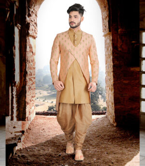 Peach With Gold Art Silk Art Work Traditional Wear Indo Western Sherwani