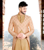 Peach With Gold Art Silk Art Work Traditional Wear Indo Western Sherwani