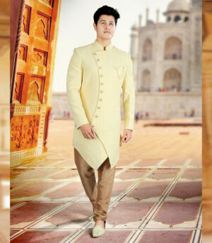 Lemon Silk Luckhnavi Work Traditional Wear Indo Western Sherwani