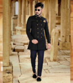 Black Art Silk Art Work Traditional Wear Indo Western Sherwani