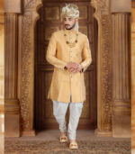 Golden Art Silk Art Work Traditional Wear Indo Western Sherwani