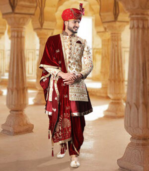 Cream Silk Art Work Wedding Wear Indian Sherwani
