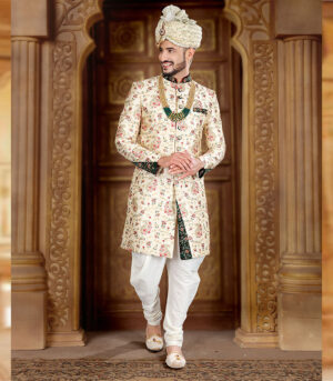 Cream Silk Art Work Wedding Wear Indian Sherwani