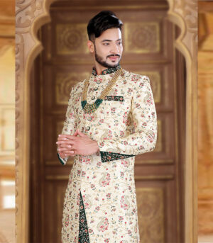 Cream Silk Art Work Wedding Wear Indian Sherwani