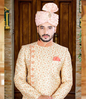 Cream Silk Art Work Indian Wedding Wear Sherwani