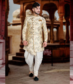 Cream Silk Art Work Wedding Wear Traditional Sherwani