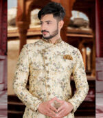 Cream Silk Art Work Wedding Wear Traditional Sherwani