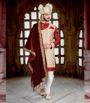 Maroon Silk Art Work Wedding Wear Ceremonial Sherwani