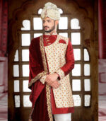 Maroon Silk Art Work Wedding Wear Ceremonial Sherwani