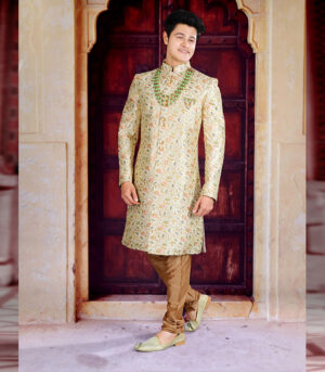 Indian Cream Silk Art Work Wedding Wear Sherwani
