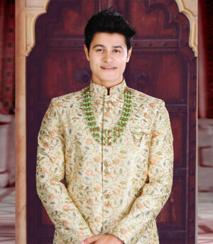 Indian Cream Silk Art Work Wedding Wear Sherwani