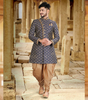 Navy Blue Silk Art Work Wedding Wear Indian Sherwani