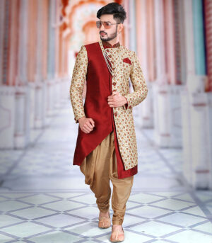 Maroon Silk Art Work Wedding Wear Indian Traditional Sherwani