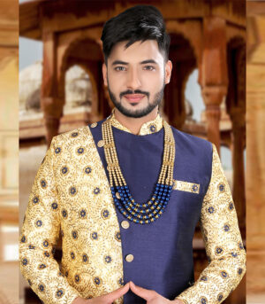 Cream Blue Silk Art Work Wedding Traditional Wear Sherwani