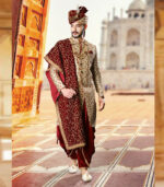 Cream Silk Art Work Wedding Wear Traditional Indian Sherwani