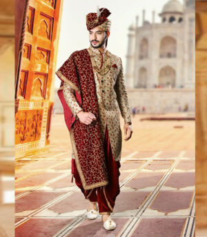 Cream Silk Art Work Wedding Wear Traditional Indian Sherwani