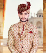 Cream Silk Art Work Wedding Wear Traditional Indian Sherwani