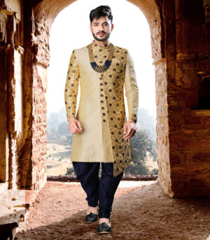 Cream Silk Art Work Wedding Wear Indian Traditional Sherwani