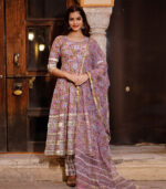 Pink Purple Block Printed Round Neck Pant Paired Anarkali Kurta