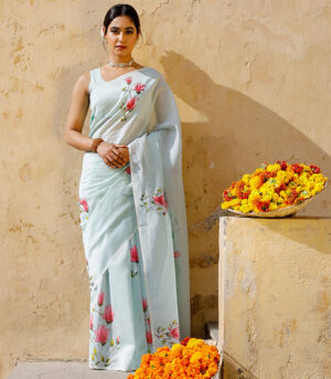 Sea Green Hand Painted Chanderi Saree