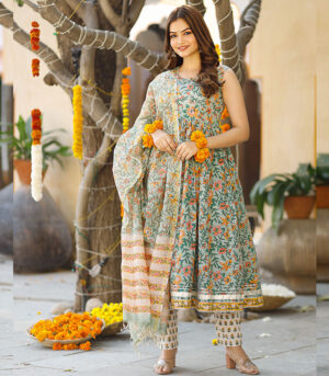 Beige Colored Cotton Anarkali Kurtis  Cotton Anarkali Floral Print Kurt   Lady India