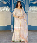 Orange Motif Block Printed White Kurta Sharara Set