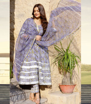 Purple Block Printed Anarkali Suit Set With Printed Dupatta
