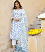 Blue Motif Printed White Flared Kurta Set With Chanderi Block Printed Set