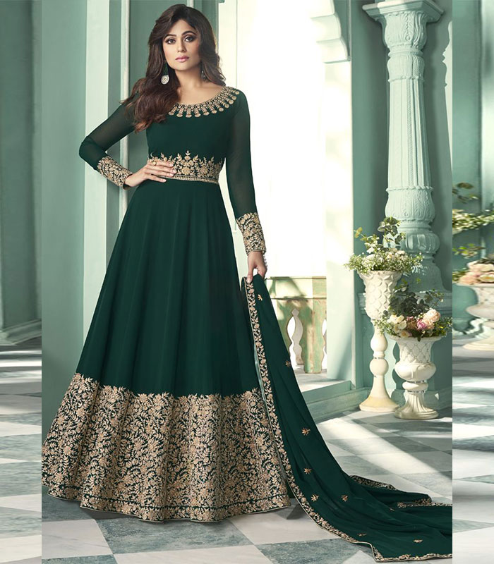 Embellished Bottle Green Stitched Anarkali Suit Set | Sheroj-3000-C |  Cilory.com
