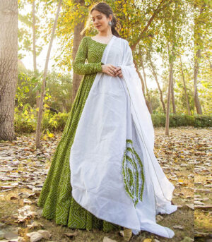 Olive Silk Blend Anarkali Salwar Kameez