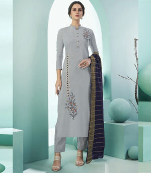 Grey Blended Cotton Party Wear Salwar Kameez