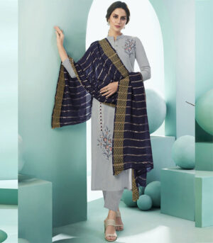 Grey Blended Cotton Party Wear Salwar Kameez