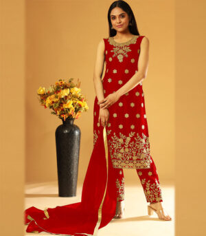 Red Embroidery & Cording Work Net Partywear Suit With Koti