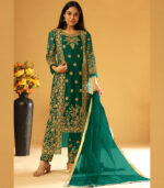 Green Embroidery & Cording Work Net Partywear Suit With Koti