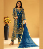 Blue Embroidery & Cording Work Net Partywear Suit With Koti