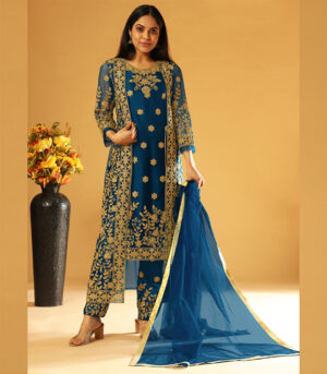 Blue Embroidery & Cording Work Net Partywear Suit With Koti