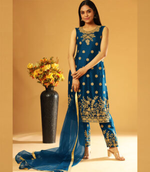 Blue Embroidery & Cording Work Net Partywear Suit With Koti