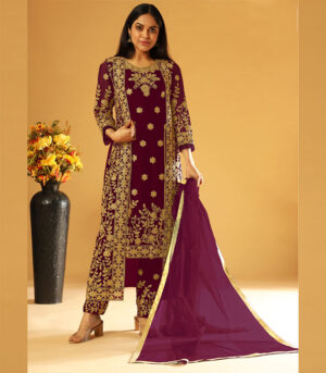 Maroon Embroidery & Cording Work Net Partywear Suit With Koti