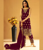 Maroon Embroidery & Cording Work Net Partywear Suit With Koti
