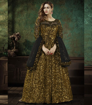 Mustard Velvet Sequence Anarkali Suit