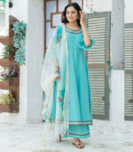 Sky Blue Kurta Set With Hand Paint Organza Dupatta