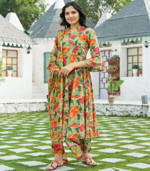 Multi Colored Leaf Hand Block Print Kurta Set With Chanderi Dupatta