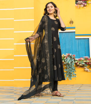 Black Gold Hand Block Print Gota Set With Dupatta