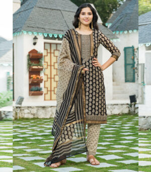 Golden Black Bagru Block Print Chanderi Kurta Dupatta Set